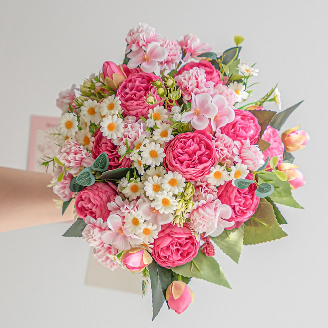 화예원 성묘 조화 꽃다발 생화같은 데이지 카네이션 산소 꽃 납골당 미니 꽃다발, 2개, 핫핑크