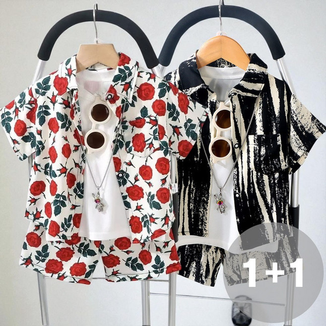 지디오 키즈 남아 반팔 상하복 2개 세트 여름 리조트룩 셔츠 반바지 바캉스룩 투피스