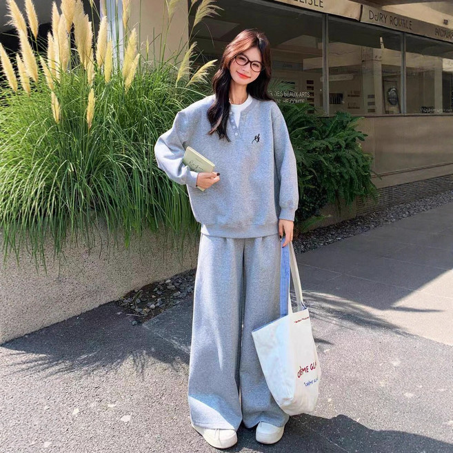 wassup 여성 투피스 세트 추동복 세트 페이크 레이어드 상의+캐주얼 와이드 팬츠