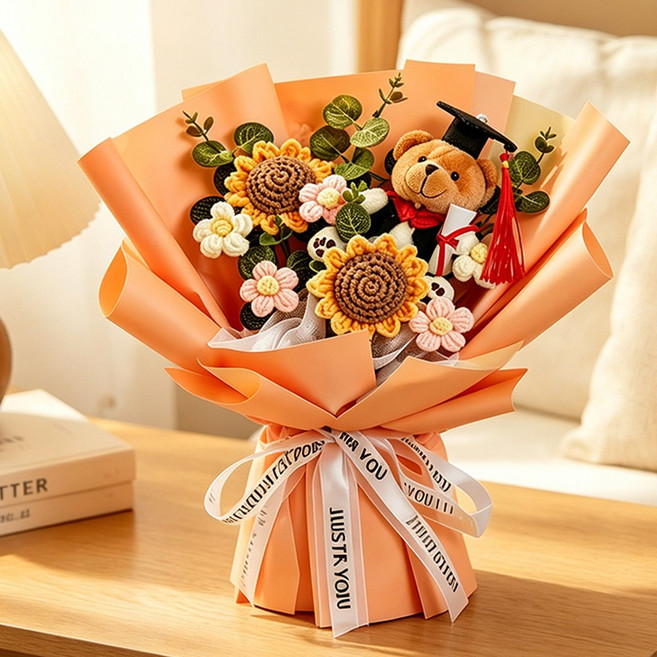 여성 생일선물 해바라기 실꽃 박사곰 세트 쇼핑백 전구줄 카드 포함, 1개, 주황색