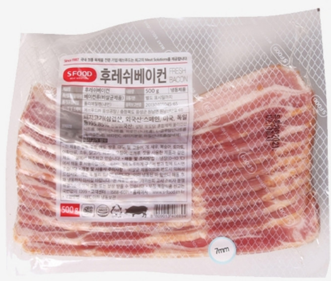 에이치에이유통 에쓰푸드 후레쉬베이컨 500g 7mm (드라이) 냉동 슬라이스 베이컨, 1개