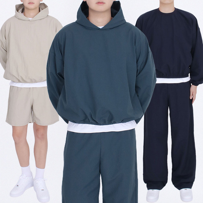 아이오와 나일론 맨투맨 후드 조거 와이드팬츠 5부반바지 트레이닝 세트