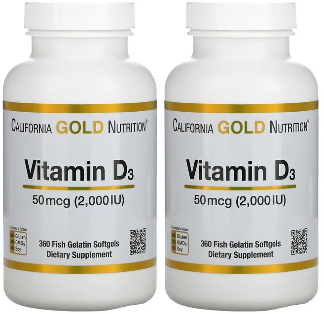 [1+1] CGN 캘리포니아골드뉴트리션 비타민D3 2000IU 360정 라놀린 콜레칼시페롤 VITAMIN D Cholecalciferol Lanolin 피쉬 젤라틴 소프트젤 2개 - 쿠팡
