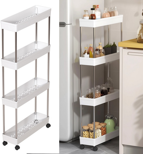 스토리원 U-SSAC102-L4 이동식 틈새 수납 선반 다용도 수납장 트롤리, 화이트, 4단