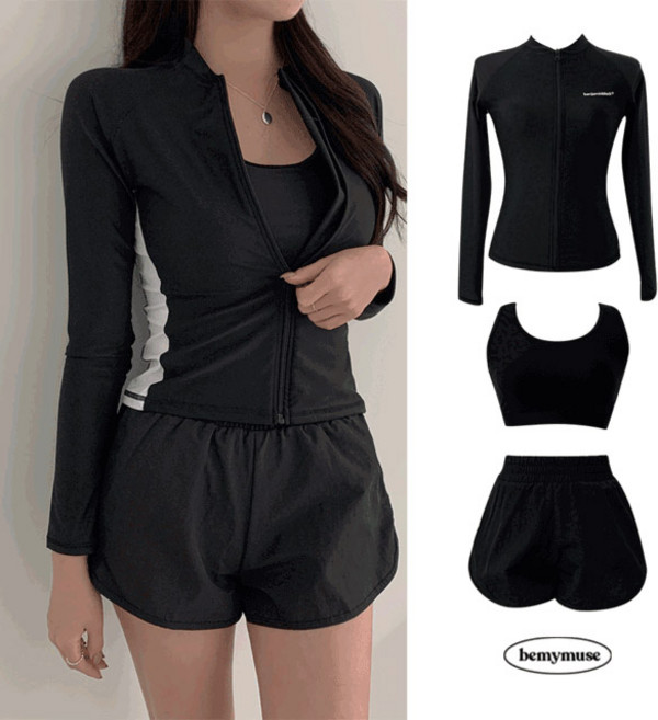 [비마이뮤즈] [개미허리/3피스SET] 벤자미 나그랑 배색 라인 포인트 집업 래쉬가드 비치웨어 허리잘록 수영복 물놀이 해외여행 커버 반바지 세트, [비치웨어] 벤자미 허리잘록 래쉬가드_블랙, L