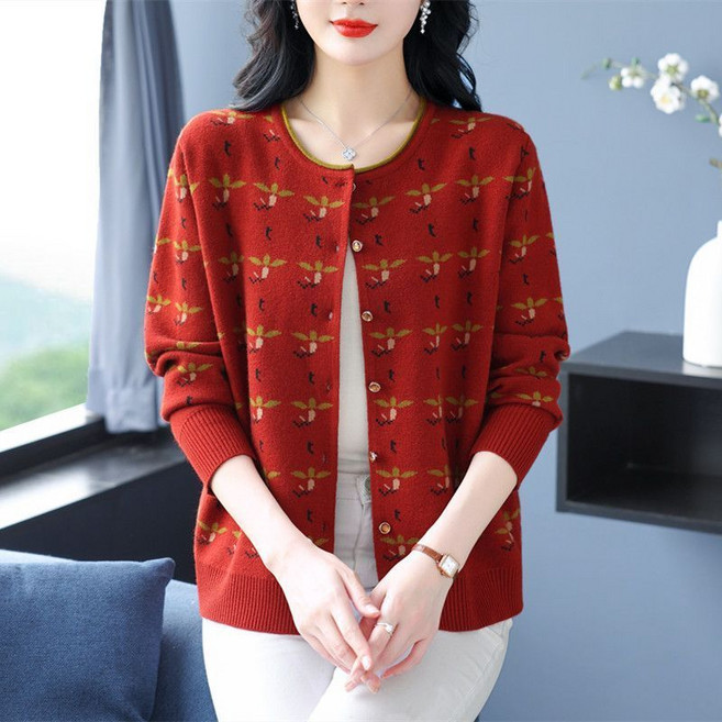 메인워크 중년여성 라운드넥 니트 가디건 가을 겨울 엄마옷 긴팔 간절기 데일리 아우터 자카드 스판 심플 루즈핏 코트