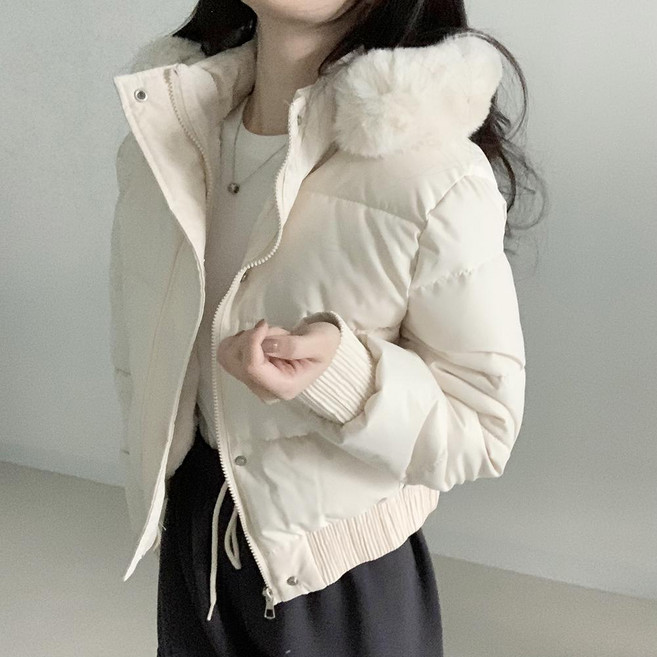 밍크퍼안감/보들따뜻 데이지클로젯 로지 밍크 양털 후드퍼 크롭 숏패딩 / 겨울 두꺼운 아우터 여성 여자 긴팔 자켓 따뜻한 여성 여자 점퍼 단추 지퍼 이중잠금 한파대비 기본템