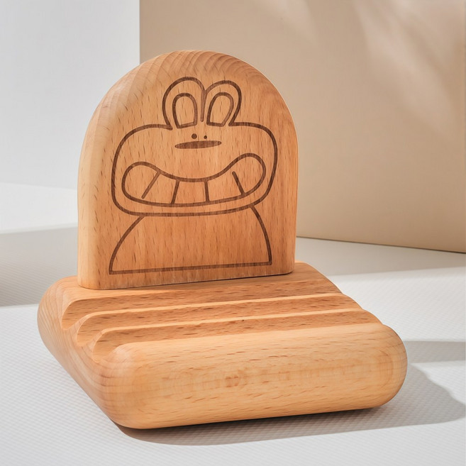 OFFCURVE 원목 휴대폰 거치대 귀여운 느티나무 핸드폰 받침대 데스크테리어 소품, 이빨 드러난 토끼