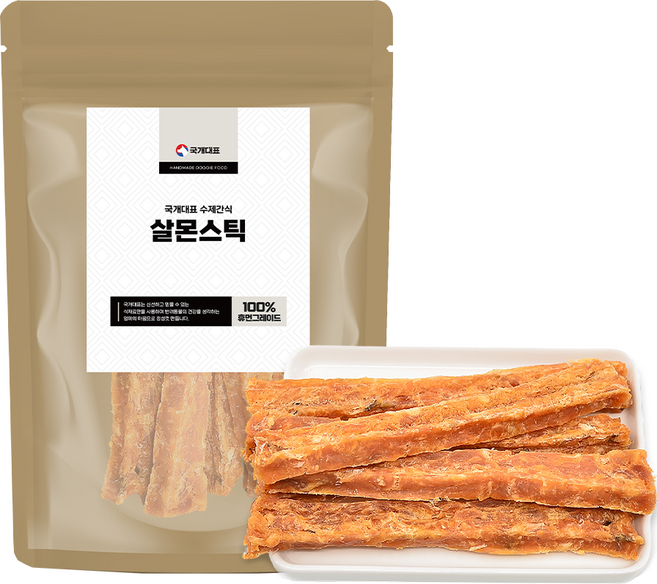 국내제작 국산 닭가슴살과 신선한 연어로 만든 저지방 고단백 기호성 좋은 강아지수제간식 관절건강 도움, 70g, 1개, 닭가슴살+연어스틱