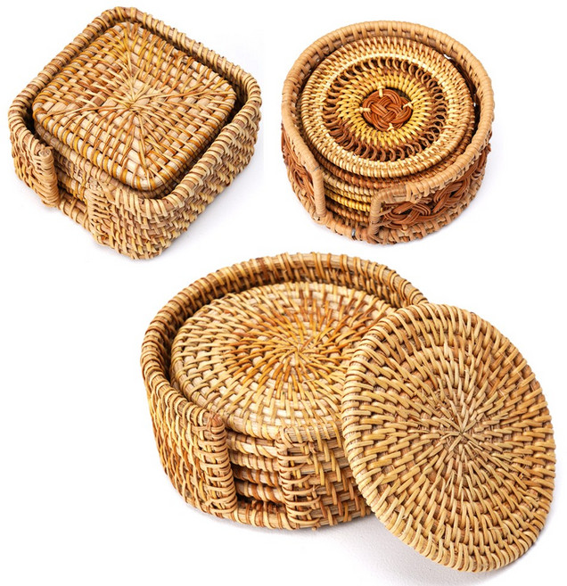 수공예 라탄 티코스터 원형/매듭/사각 컵받침 6P세트 보관함포함 감성 홈카페 티파티 인테리어소품 캠핑소품, 사각(8cm) 6P + 보관함 1P 세트, 1개