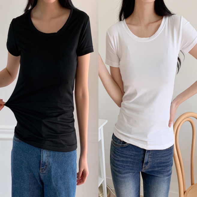 에르모소 1+1 여성 슬림핏 무지 반팔 티셔츠 반팔티 여자 여름 기본 티셔츠 H-C026
