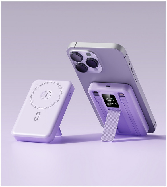 C:D 磁吸行動電源 20000mAh 無線充電 自帶線支架 適用iPhone, 紫色雙線【22.5W線充+15W無線充】