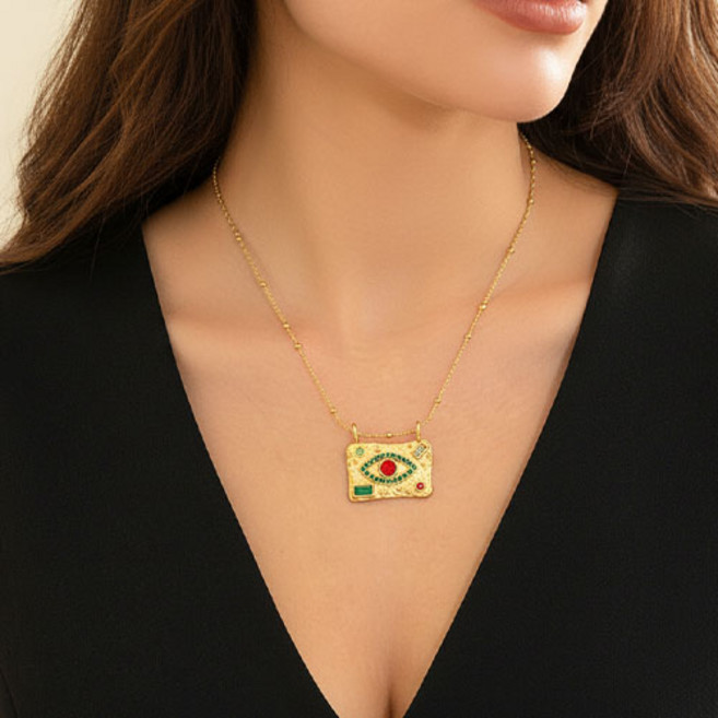 여성 컬러 스톤 큐빅 이블아이 스퀘어 팬던트 슬림 체인 목걸이 A2400