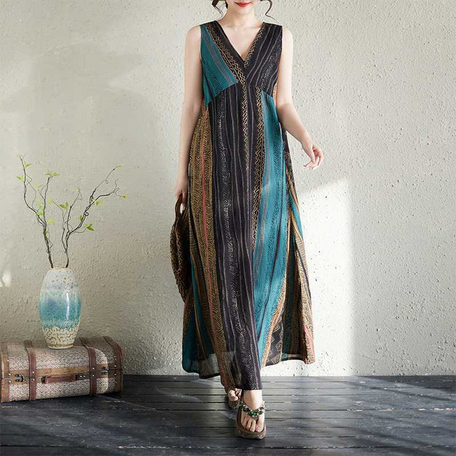 WIHOLL 여성 빅사이즈 브이넥 민소매 스트라이프 원피스 여름 슬림핏 데일리룩