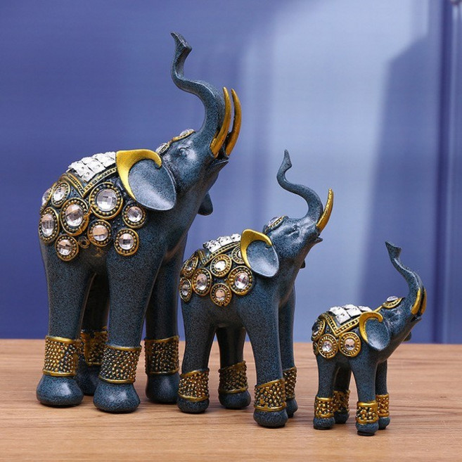 이현아트 풍수인테리어 소품 블루 큐빅코끼리세가족 코끼리소품
