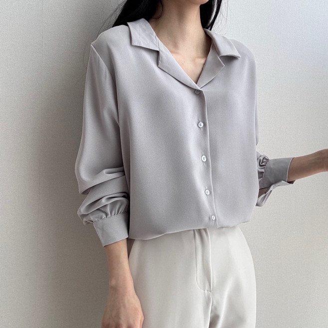 드몽 여성 링클프리 데일리 기본 긴팔 셔츠 브이넥 오픈카라 블라우스 오피스룩