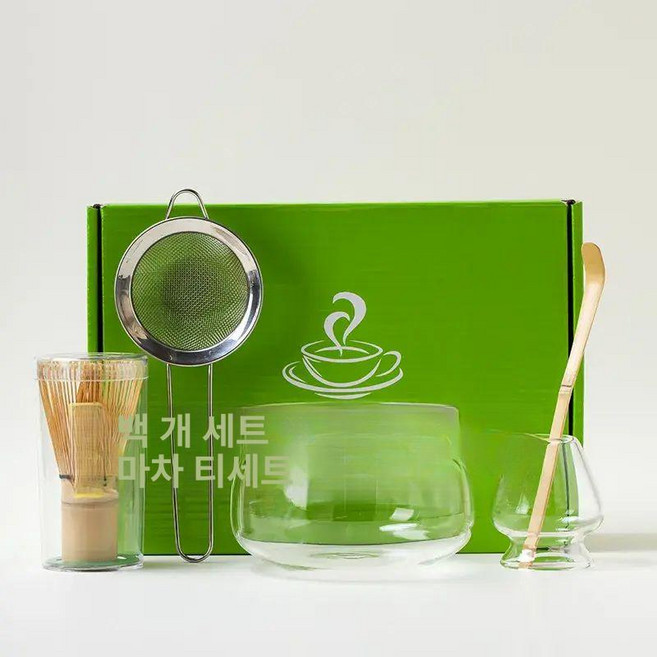투명유리 다도 세트 거품기 말차통 전통 거치대 차선, 유리 5개 세트 대통 그린 박스, 1개