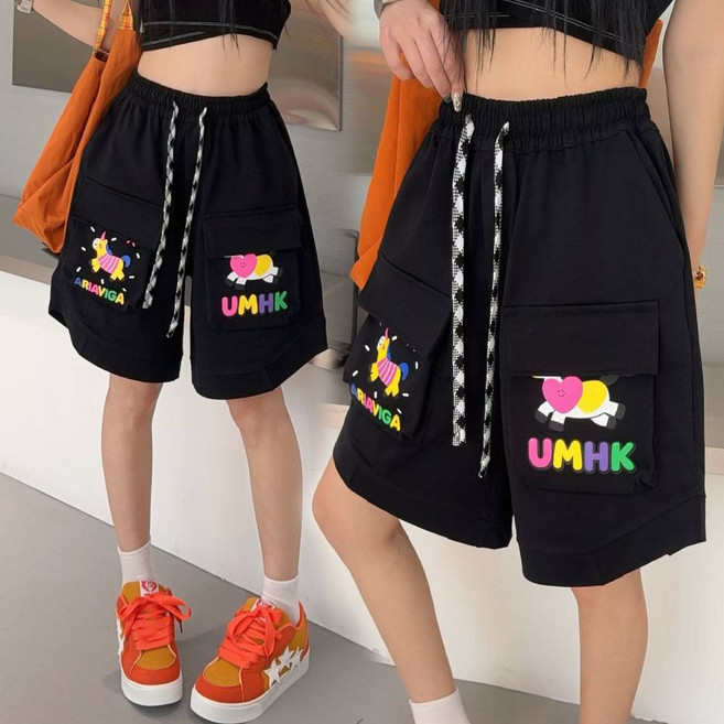 여성 오버핏 입체 포켓 말 그래픽 반바지 컬러 프린팅 스트릿 하프팬츠