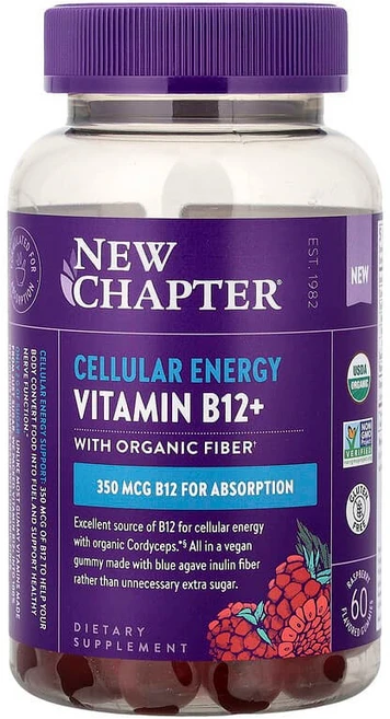 New Chapter Cellular Energy 비타민B12+ 유기농 식이섬유 구미젤리 함유 라즈베리 맛 구미젤리 60개 NCR-90374, 1개, 60정 - 쿠팡