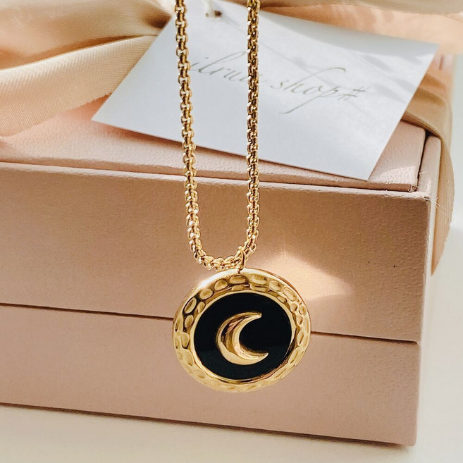 [써지컬스틸] 오닉스 자개 엔티크 달 목걸이