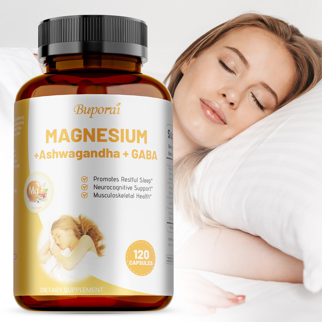 마그네슘 보충제 + 아슈와간다 & GABA 마그네슘 글리시네이트 타우린 말레이트 복합체 조개 수면 근육 회복 신경 및 에너지 지원 고흡수 채식주의 비GMO, 1개, 60정