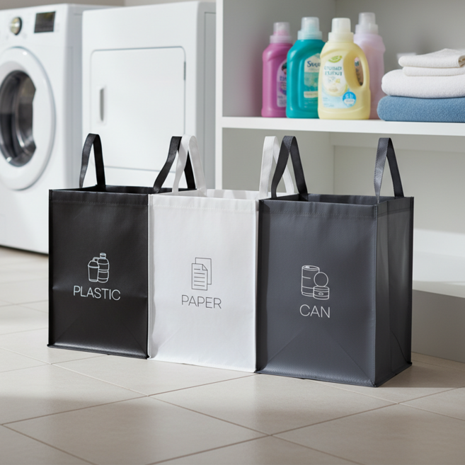 링고룸 튼튼한 접이식 경량 분리수거함 3단 세트 바구니 가방 부착형 고정지지대 포함, 혼합색상