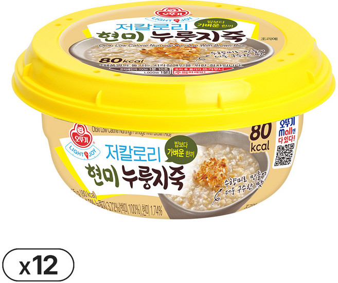 오뚜기 LIGHT&JOY 저칼로리현미누룽지죽 215g 12개