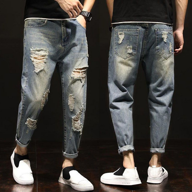 봄 여름 남성 스판 배기 찢청바지 캐주얼 슬림 9부 데미지 데님 팬츠 바지