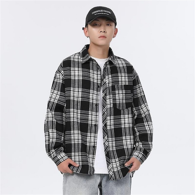 TKX 남성용 체크무늬 긴팔 셔츠 캐주얼 루즈핏 봄가을 셔츠 프리미엄 오버핏남방 K37