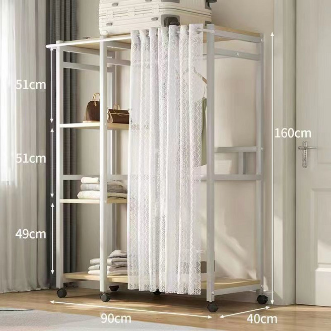 衣櫃 衣櫥 家用臥室 簡易衣櫥 出租房用 結實耐用 收納櫃 經濟型組裝 金屬衣櫃, 【90CM】白色帶紗簾-3A碳素鋼木衣櫃