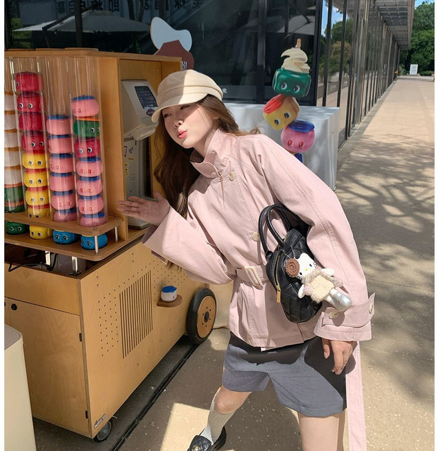 【韓系收腰】短款風衣 女式風衣 外套女 春秋外套 卡其色風衣 立領設計 雙排扣 收腰顯瘦 通勤約會穿搭