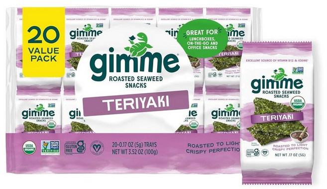 김미 오가닉프리미엄로스티드김 테리야끼 20개입 김스낵 키토 비건 건강간식 Gimme Organic Premium Roasted Seaweed Teriyaki 20 Count, 1개, 100g
