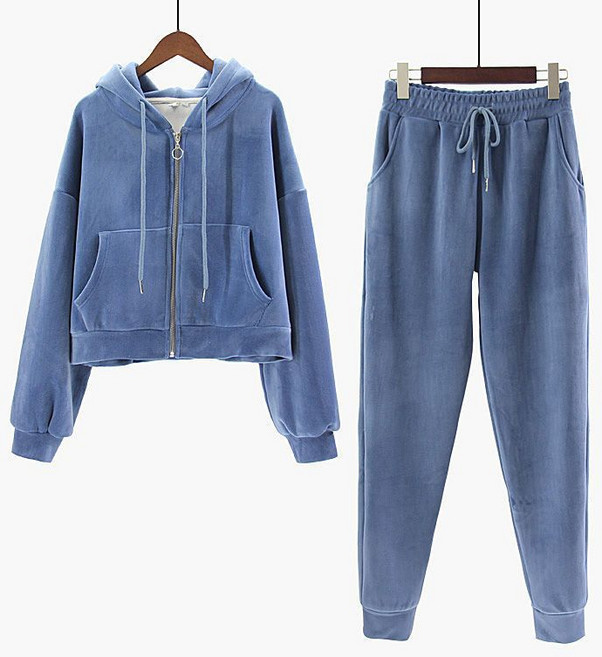 FANSYLI 가을 겨울 벨벳 스포츠 세트 패션 숏 후드 집업 코트 밴딩 조거 팬츠 투피스 여성 빅 사이즈 와이드 캐주얼 스포츠 세트 X2409S2550