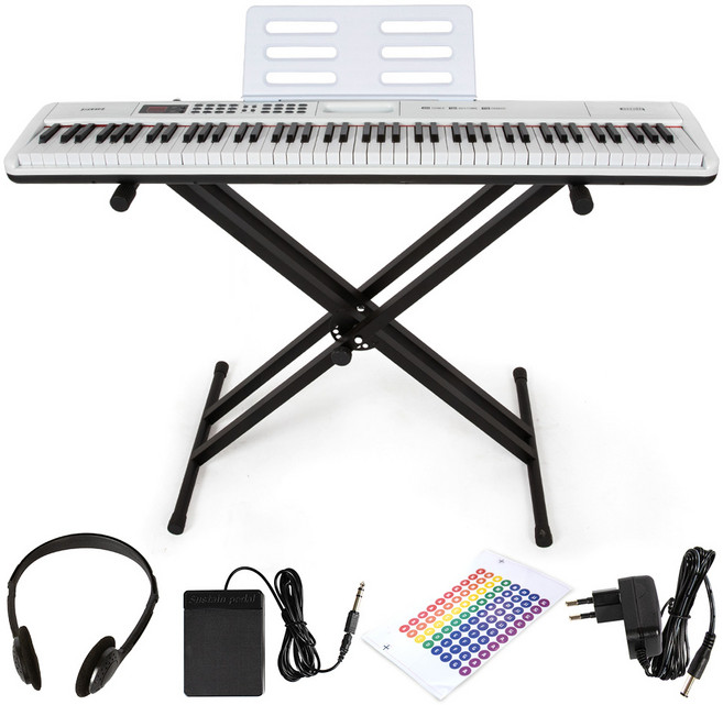 디에스뮤직 교습 입문용 88건반 전자 디지털 피아노 + 스탠드 + 서스테인 페달 + 계이름 스티커 세트, 화이트, 1개