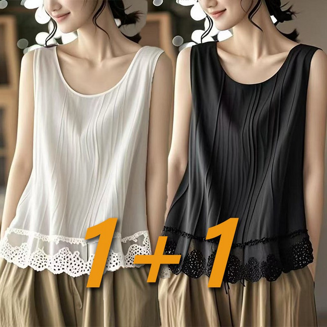 1+1 2장세트 중년여성용 여름 민소매 조끼 상의 순면 린넨 나시티 예쁜 레이스 트리밍 루즈핏 시원한 민소매티셔츠