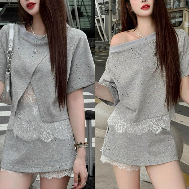 홍언목요 여성 캐주얼 세트 반팔티 치마바지 투피스 레이스 패치워크 트임 양면 반팔 티셔츠 반바지 세트