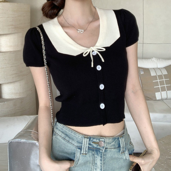 cammello 카라넥 스트링 포인트 얇은 니트 반팔 크롭티 크롭 반팔티