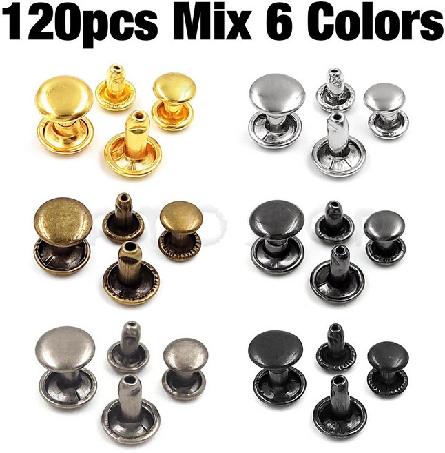 100sets 6 8mm 금속 더블 캡 라운드 리벳 스터드 충돌 네일 스파이크 락 가죽 공예 신발 가방 벨트 의류 팔찌 DIY, 120Sets x 6 Colors, 8 x 10mm