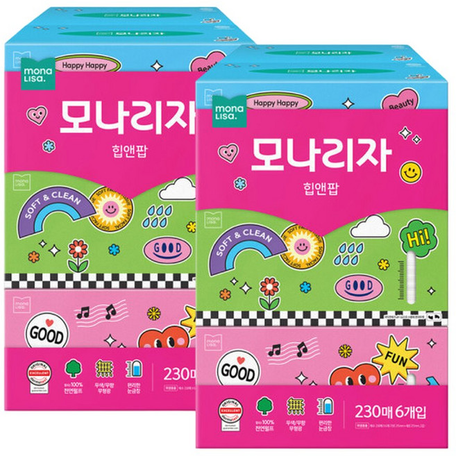 모나리자 힙앤팝 미용티슈 230매 6입 2개(총12입) 눈금창 피부저자극, 2개