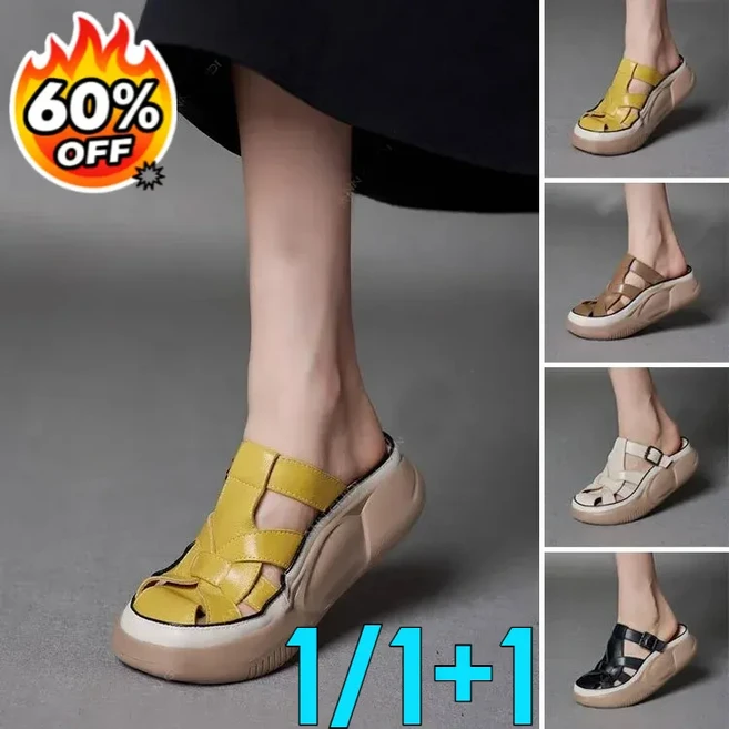 1/1+1복고 통굽 스트랩 슬리퍼형 샌들 여성 발편한 쿠션 통굽 스트랩 샌들 슬리퍼 5cm 항균