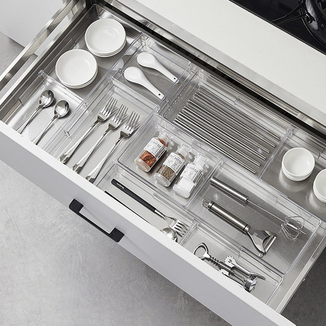네오드 길이조절가능 서랍 정리함 수저 분리함 정리 트레이, 3개, 투명