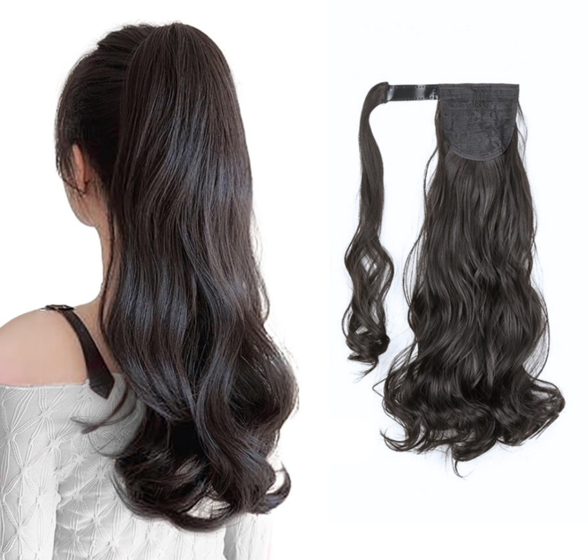 미제르바 포니테일 가발 웨이브 붙임머리 헤어피스, 1개, 블랙브라운