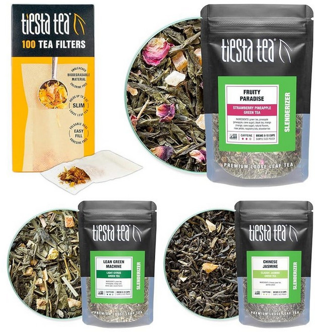 Tiesta Tea - 홍차 스타터 키트 루즈 리프 프리미엄 블랙 선물 세트 고카페인 뜨겁거나 아이스 만들기 샘플러 3개 및 일회용 필터 100개가 포함된 버라이어티, Green Tea Starter Set