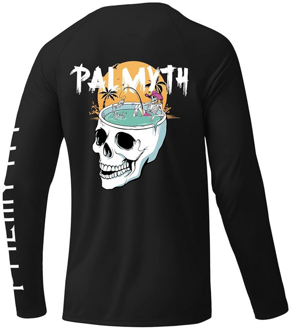Palmyth 남성용 낚시 셔츠 자외선 차단 티셔츠 UV UPF 50+ 긴소매 래쉬가드 티 차콜 / 빅풋 워킹, M, 블랙 / 해골 낚시