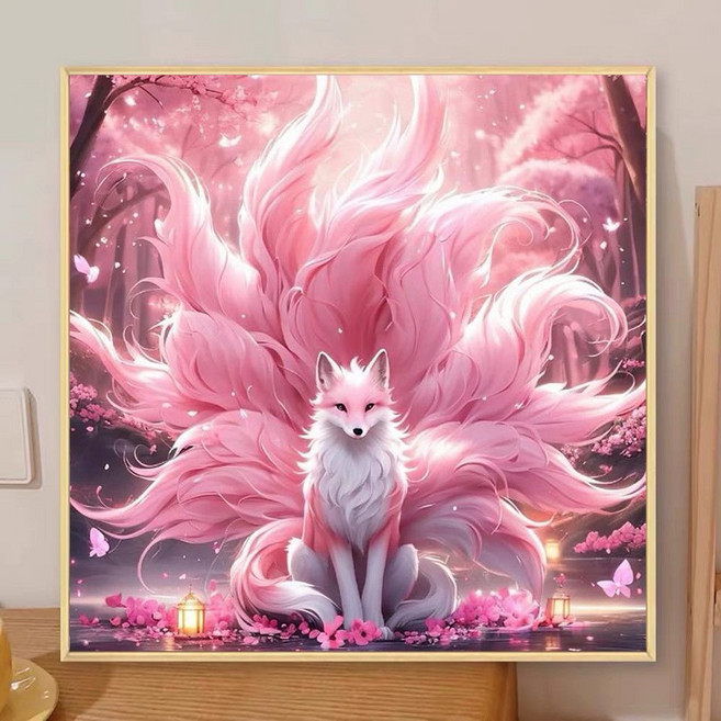 九尾狐 鑽石畫 DIY 手工 客廳 桌飾 無框畫, 畫布尺寸30X30釐米帶相框