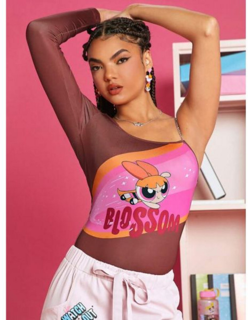 THE POWERPUFF GIRLS X 알파벳 & 카툰 패턴 비대칭넥 바디수트 952686