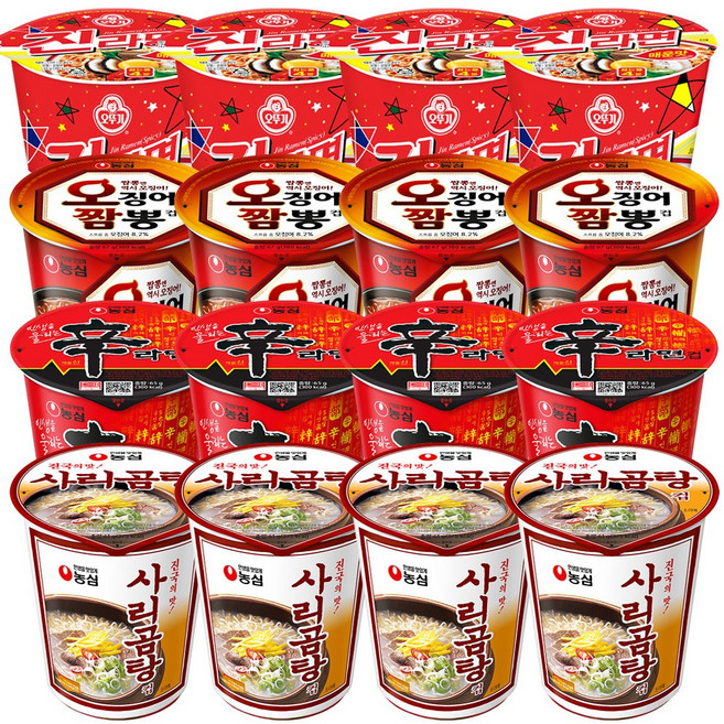 컵라면 작은컵 세트 4종(진라면 매운맛 4입 + 신라면 4입 + 오징어 짬뽕 4입 + 사리곰탕 4입) 소컵 간편 야식, 1개