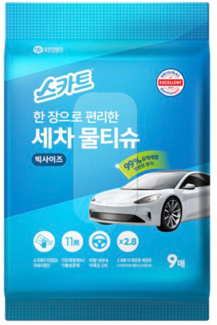 스카트 유한킴벌리 한 장으로 편리한 세차 물티슈 화이트, 9개, 6세트