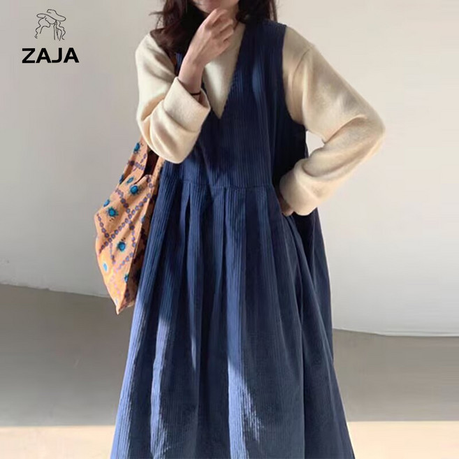ZAJA 가을 겨울 여성 파란색 코듀로이 V넥 조끼 원피스