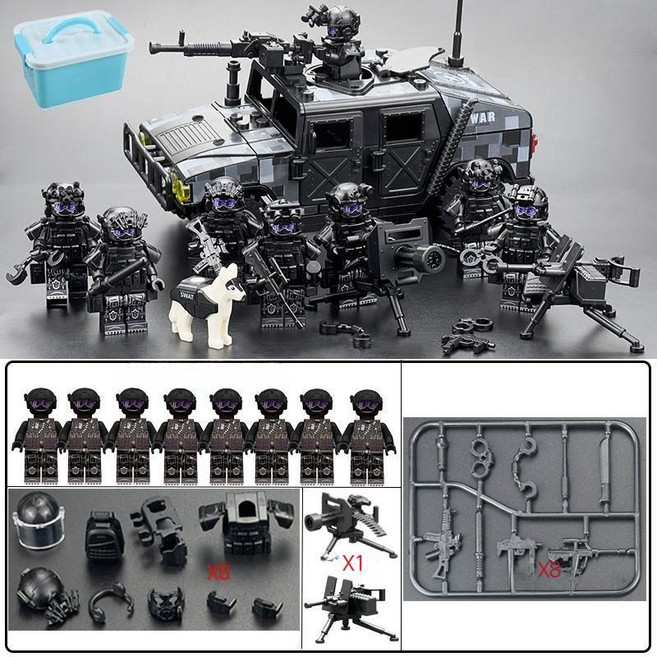 밀리터리 군대 특수부대 조립 미니 피규어 호환 블록, 1세트, 험비 SWAT 8인팀